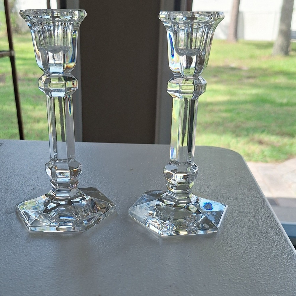 Vintage Clear Crystal Glass Candlestick Holders Hexagonal‎ Base Set of 2 7 inch